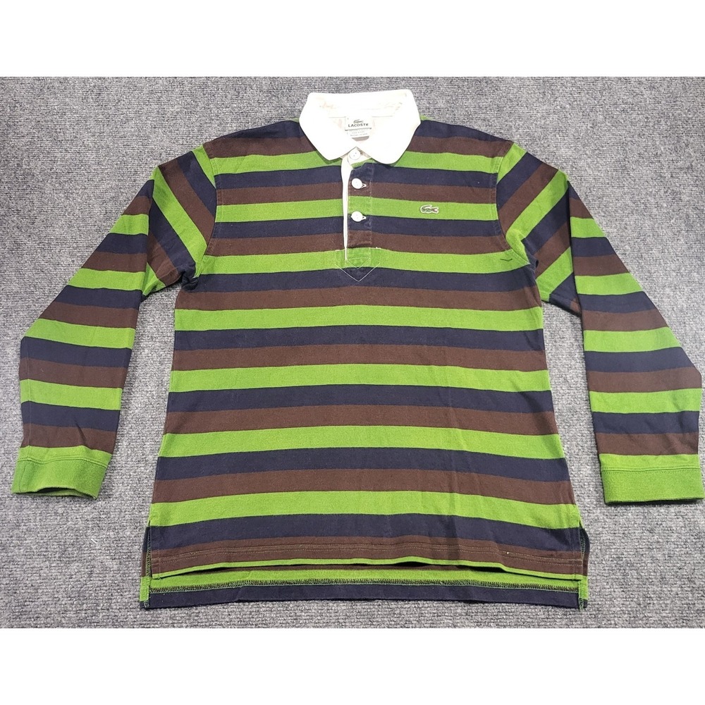 Vintage Lacoste Polo Rugby Mens Sz Small Green/Black/Purple Striped Long Sleeve